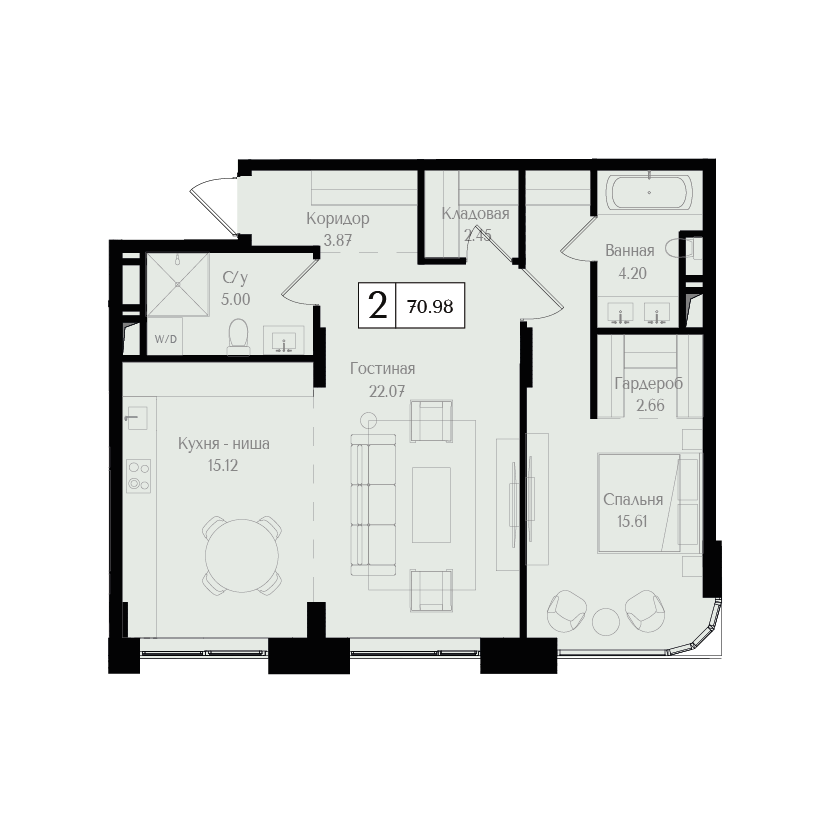 2 комн. квартира, 71 м², 5 этаж 