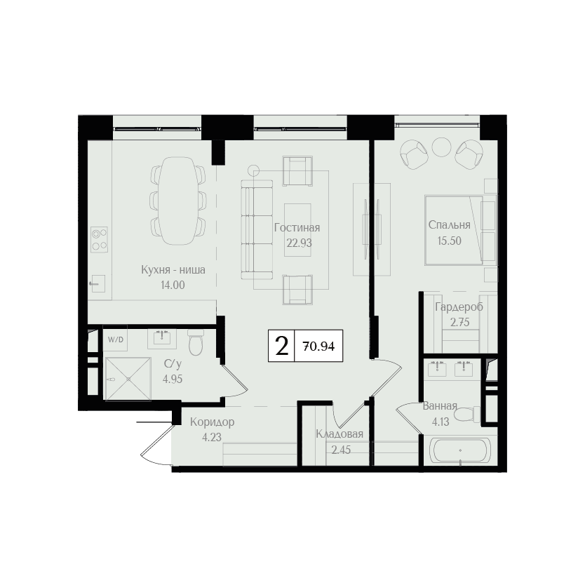 2 комн. квартира, 70.9 м², 6 этаж 
