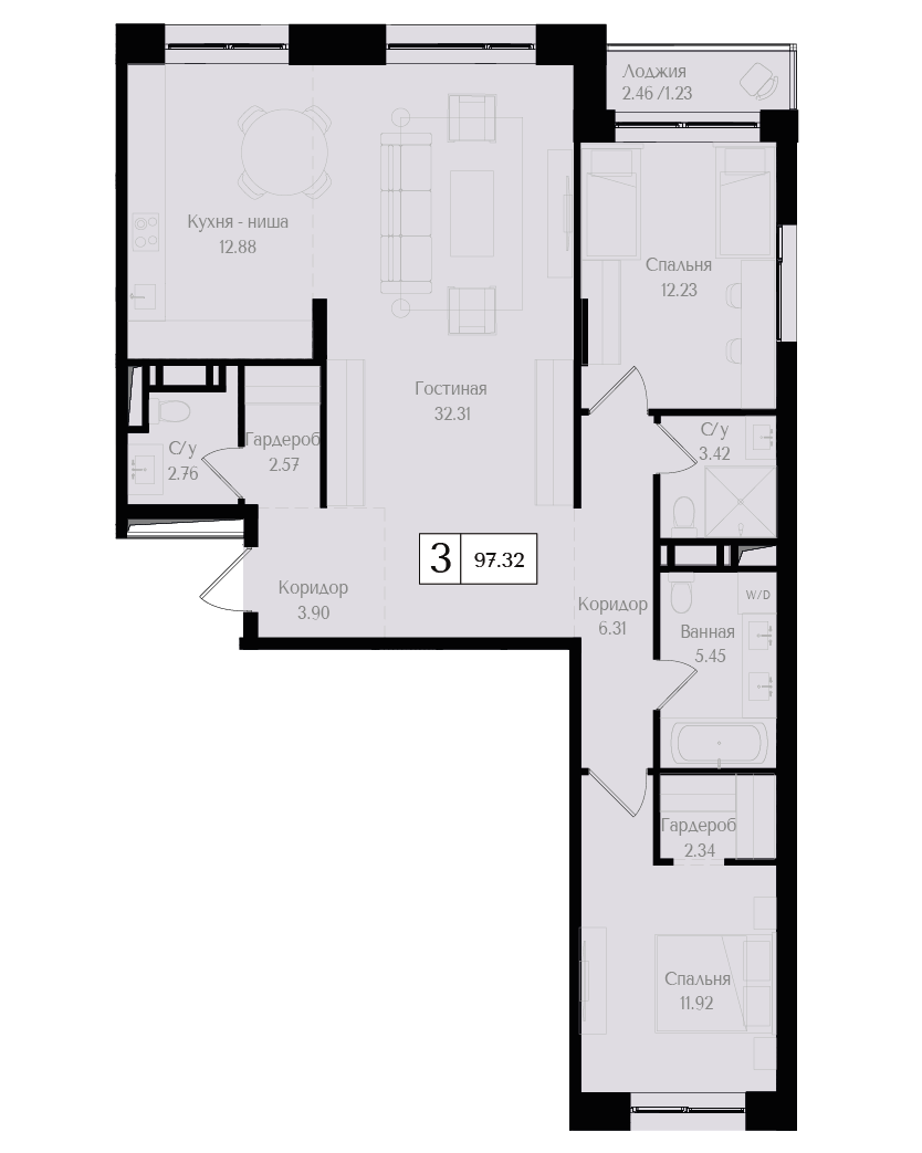 3 комн. квартира, 97.3 м², 14 этаж 