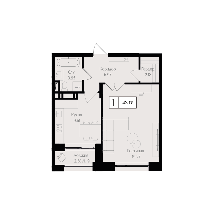1 комн. квартира, 43.2 м², 15 этаж 