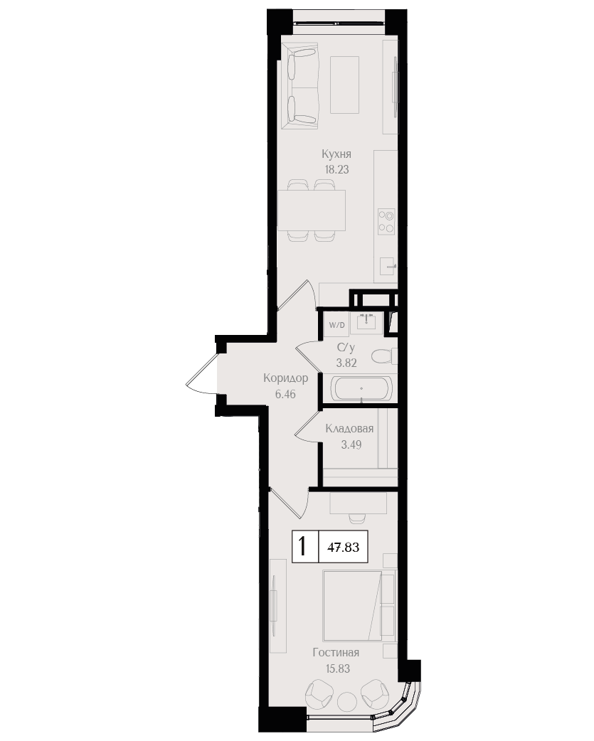 1 комн. квартира, 47.8 м², 13 этаж 