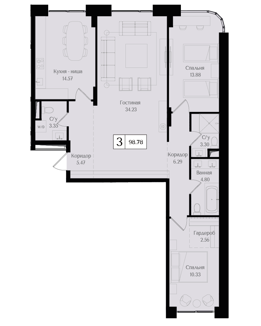 3 комн. квартира, 98.8 м², 2 этаж 
