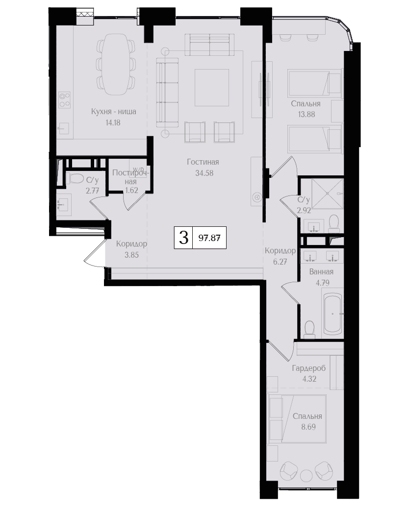 3 комн. квартира, 97.9 м², 6 этаж 