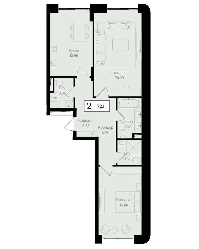 2 комн. квартира, 72.1 м², 2 этаж 