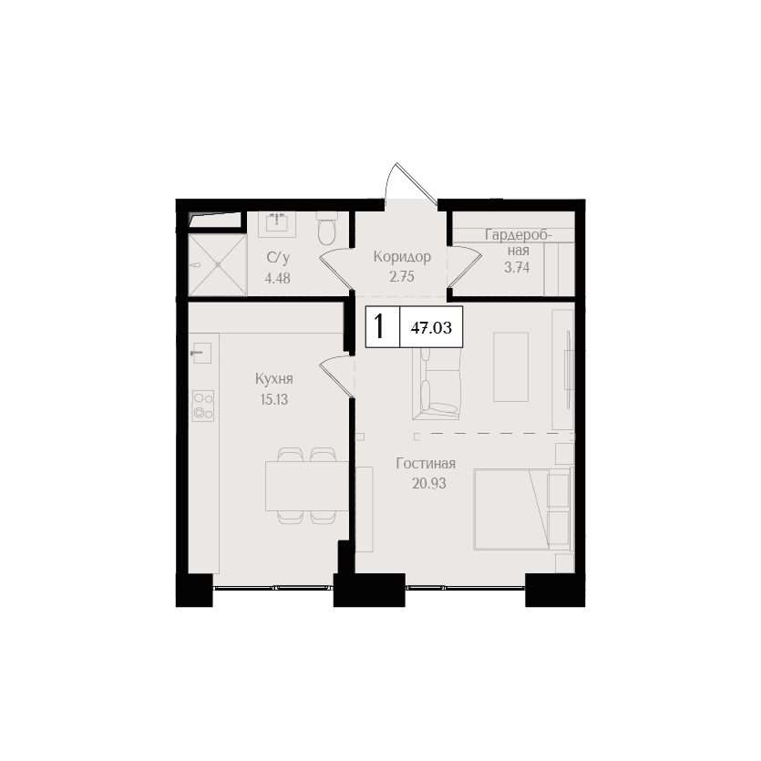 1 комн. квартира, 47 м², 2 этаж 