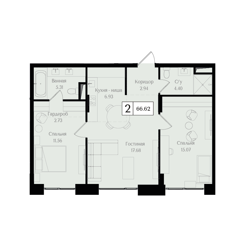 2 комн. квартира, 66.6 м², 2 этаж 