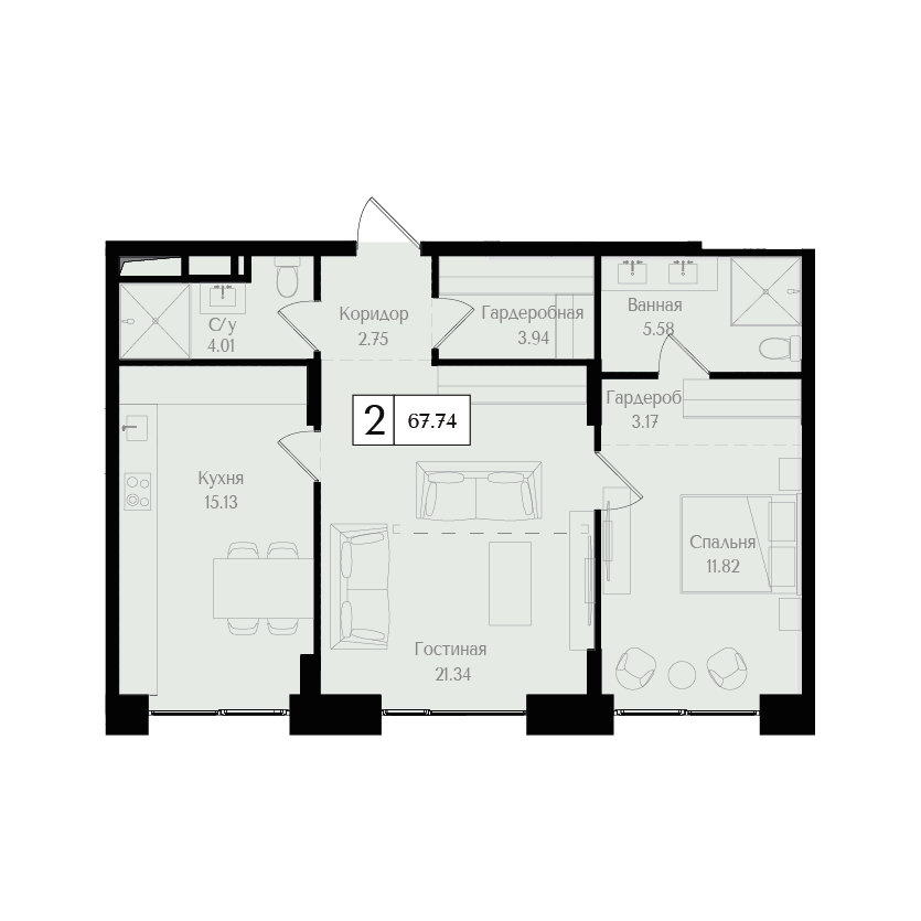 2 комн. квартира, 67.7 м², 5 этаж 