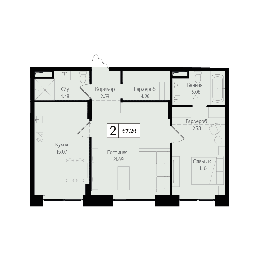 2 комн. квартира, 67.3 м², 2 этаж 