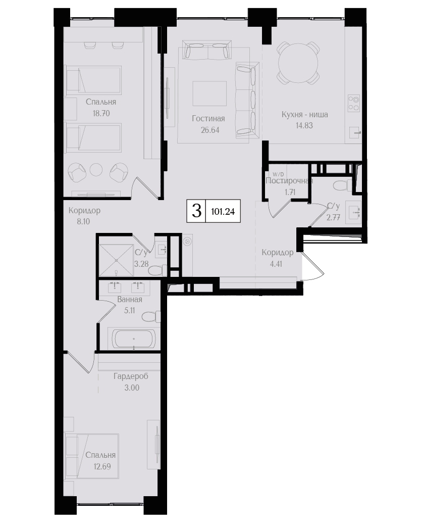 3 комн. квартира, 101.2 м², 6 этаж 