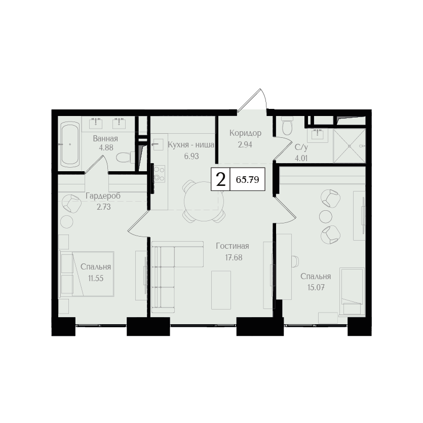 2 комн. квартира, 65.8 м², 6 этаж 
