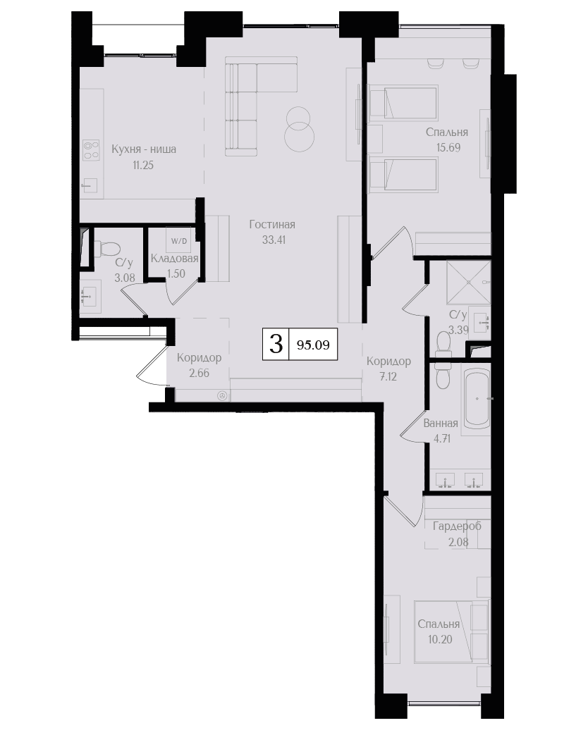 3 комн. квартира, 95.1 м², 2 этаж 