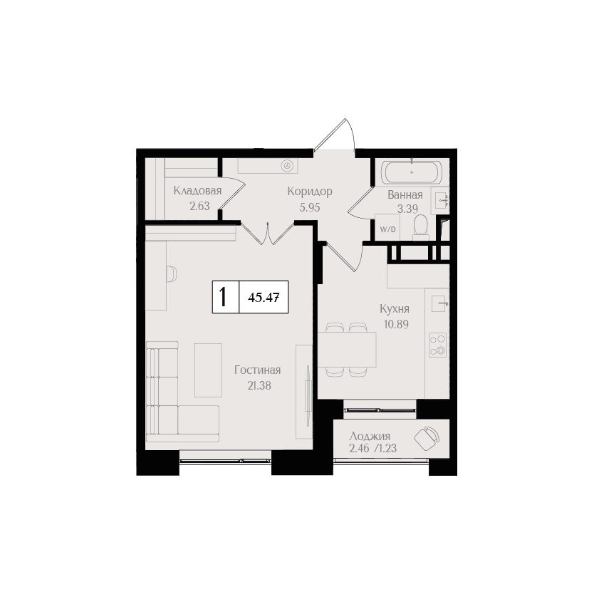 1 комн. квартира, 45.5 м², 8 этаж 