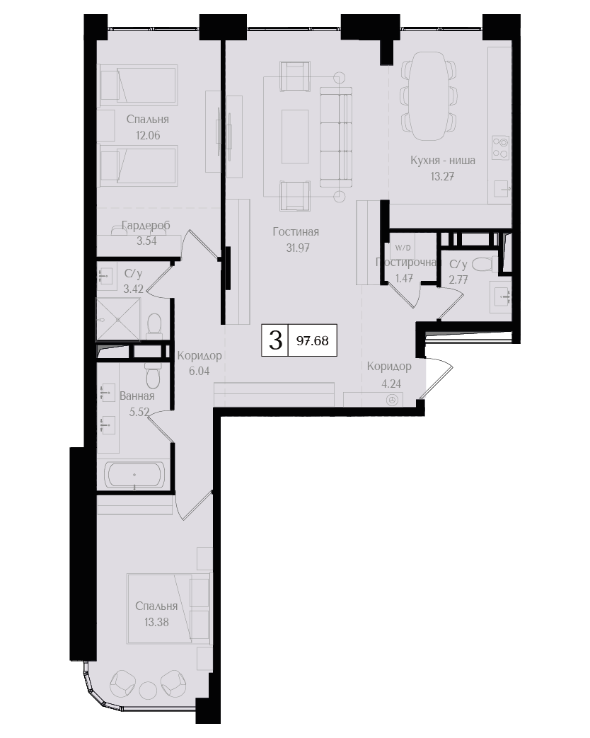 3 комн. квартира, 97.7 м², 5 этаж 