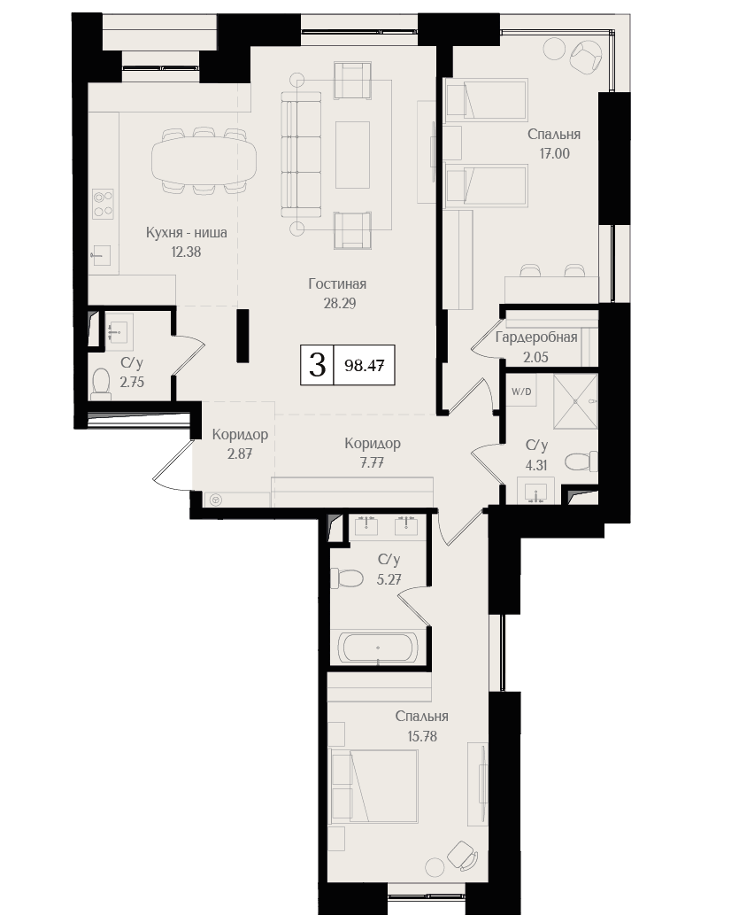 3 комн. квартира, 98.5 м², 2 этаж 