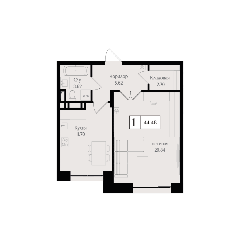 1 комн. квартира, 44.5 м², 12 этаж 