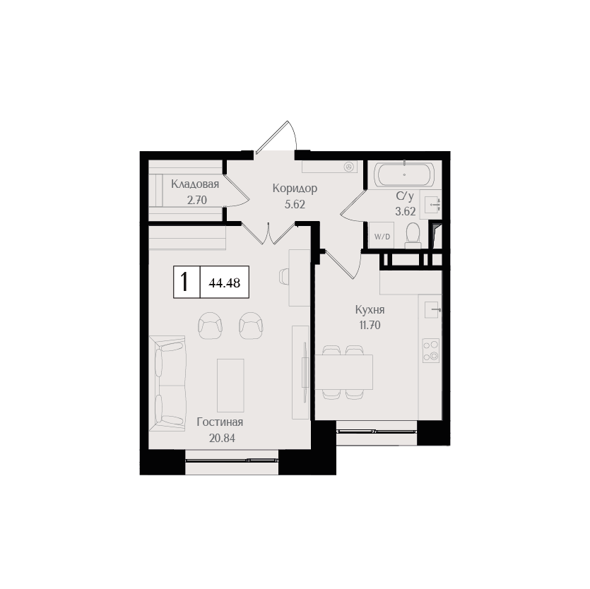 1 комн. квартира, 44.5 м², 16 этаж 