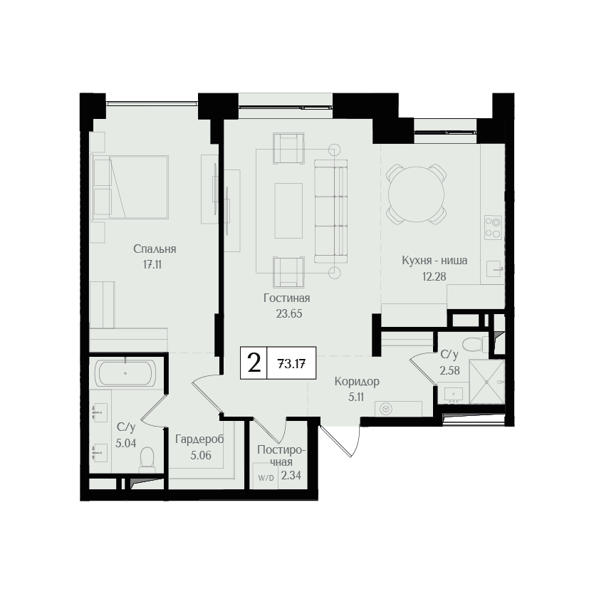2 комн. квартира, 73.2 м², 16 этаж 