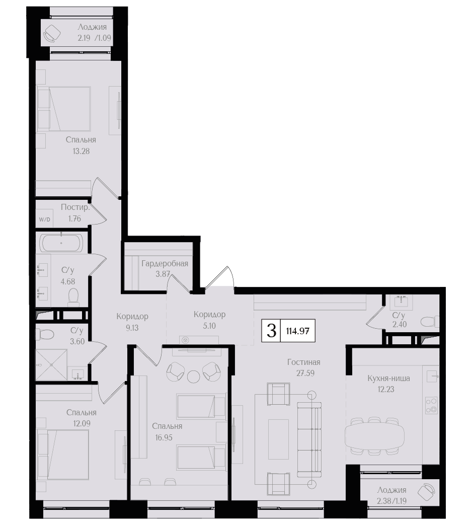 3 комн. квартира, 115 м², 17 этаж 