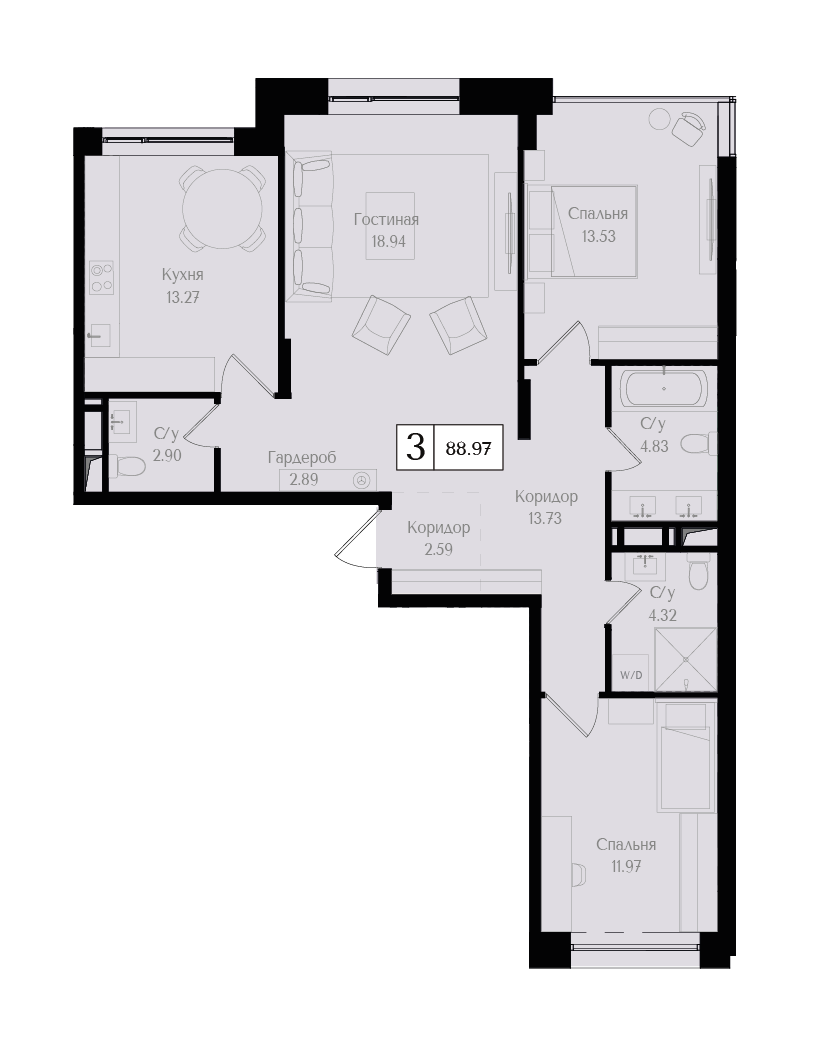 3 комн. квартира, 89 м², 5 этаж 