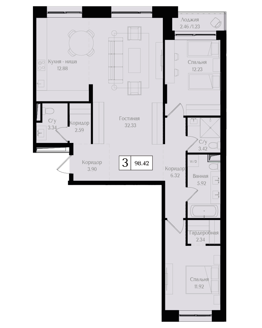 3 комн. квартира, 98.4 м², 2 этаж 