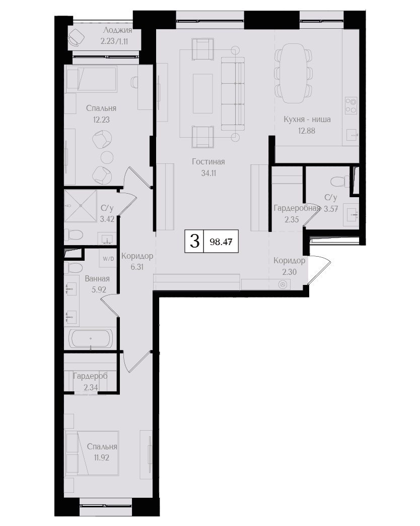 3 комн. квартира, 98.5 м², 2 этаж 