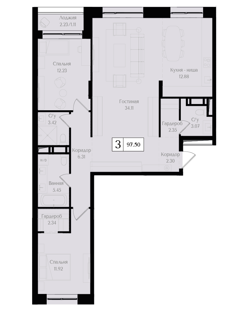 3 комн. квартира, 97.5 м², 12 этаж 