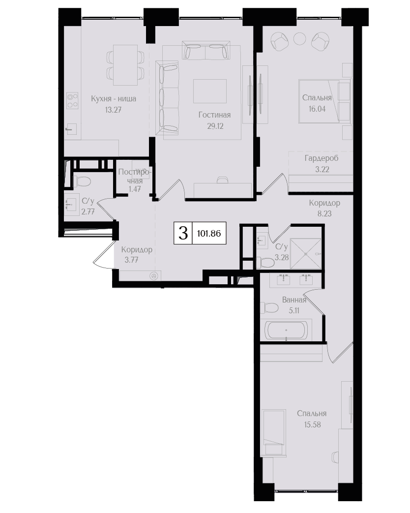 3 комн. квартира, 101.9 м², 4 этаж 