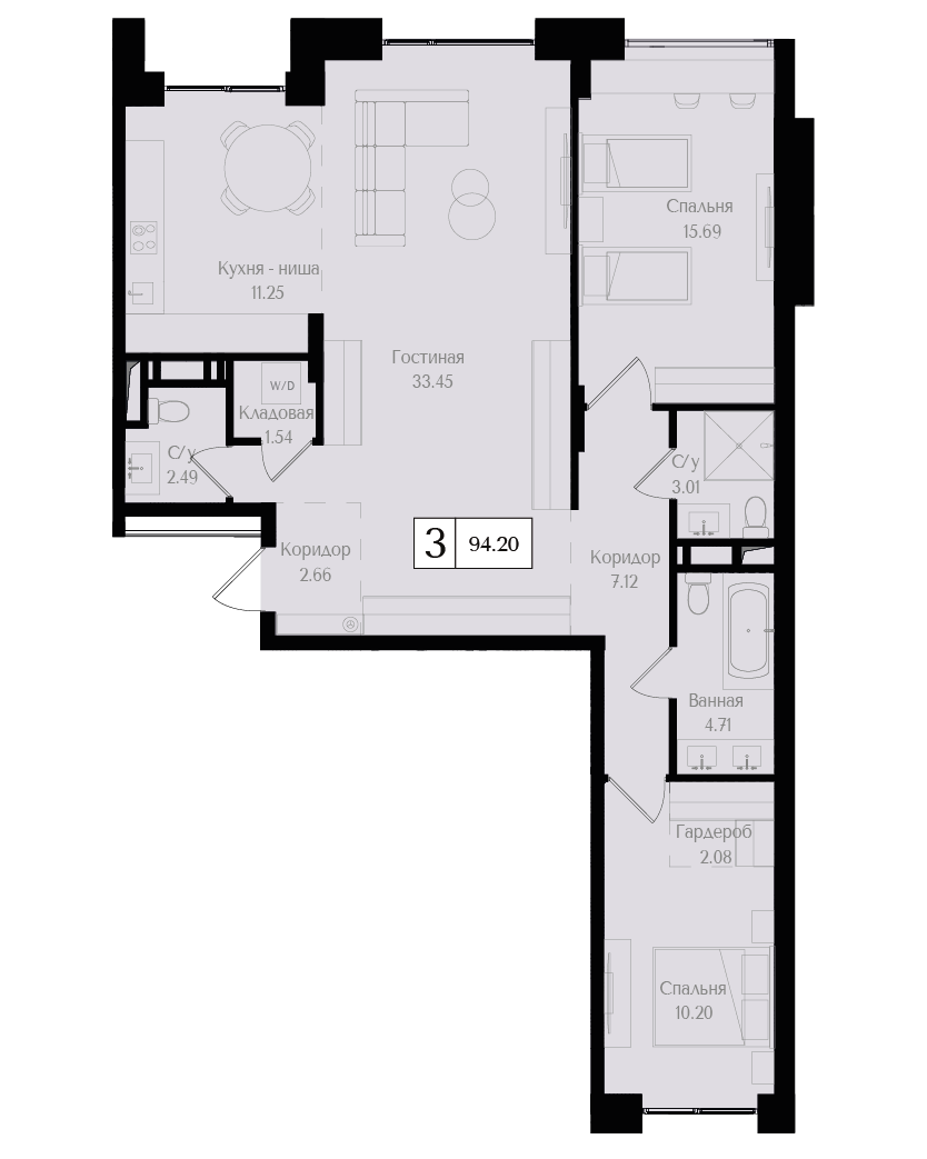3 комн. квартира, 94.2 м², 15 этаж 