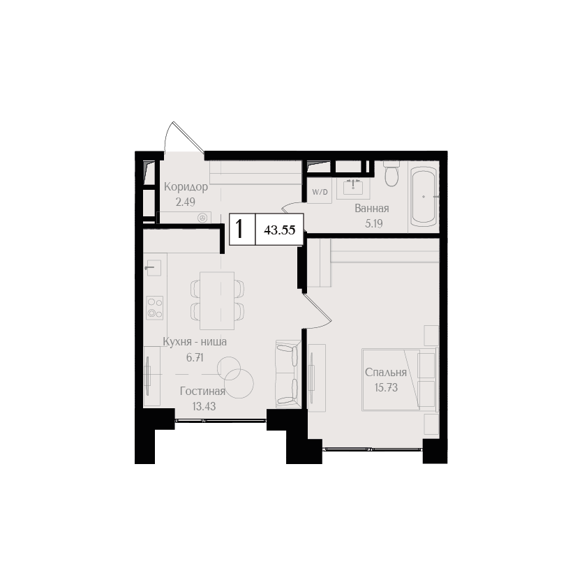 1 комн. квартира, 43.5 м², 17 этаж 
