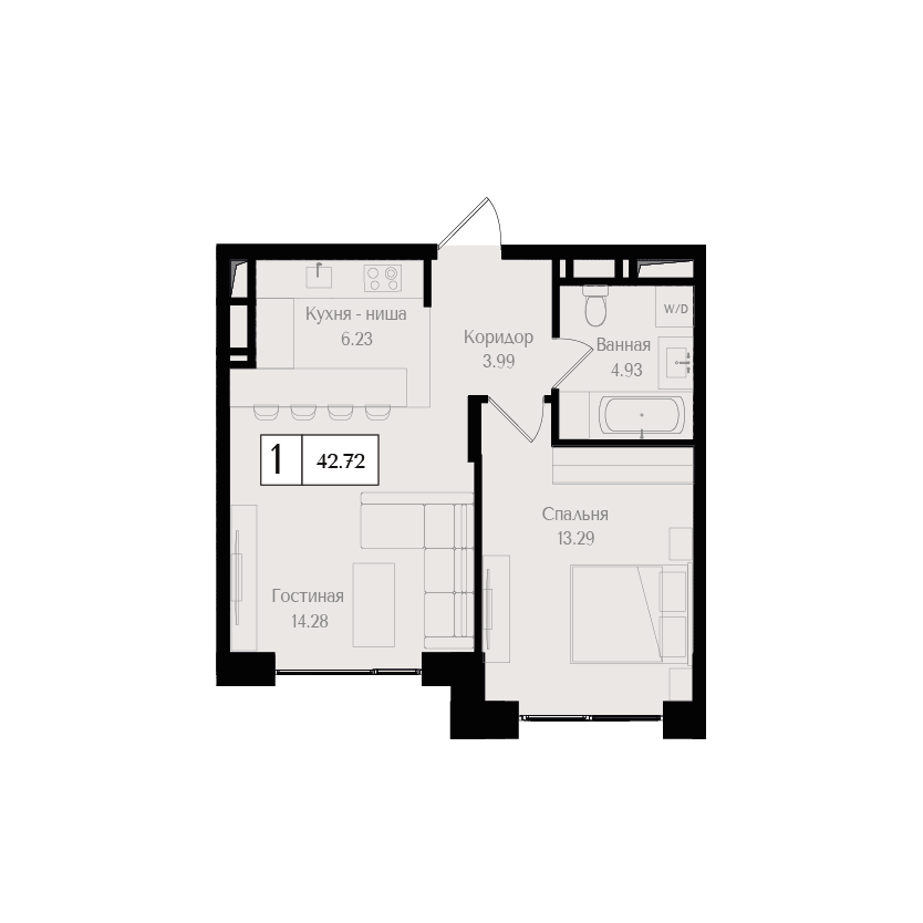 1 комн. квартира, 42.7 м², 17 этаж 