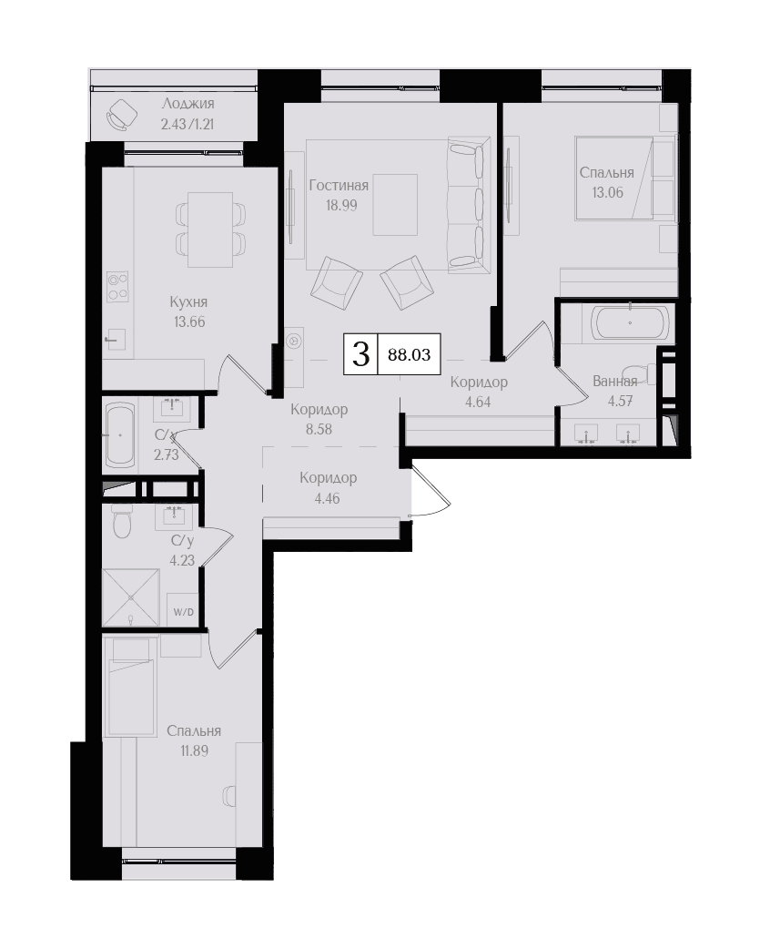 3 комн. квартира, 88 м², 9 этаж 