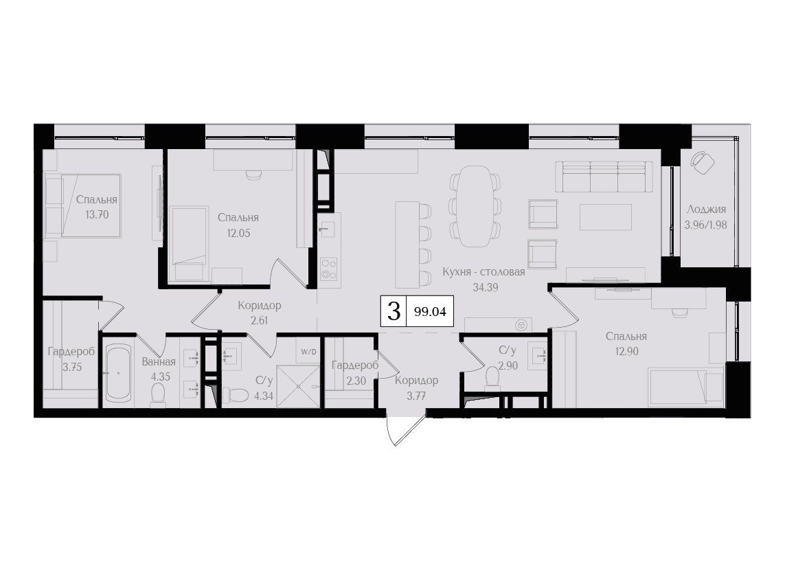 3 комн. квартира, 99 м², 13 этаж 