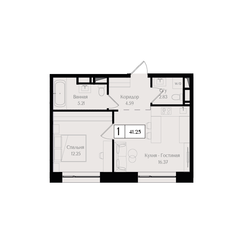 1 комн. квартира, 41.2 м², 17 этаж 