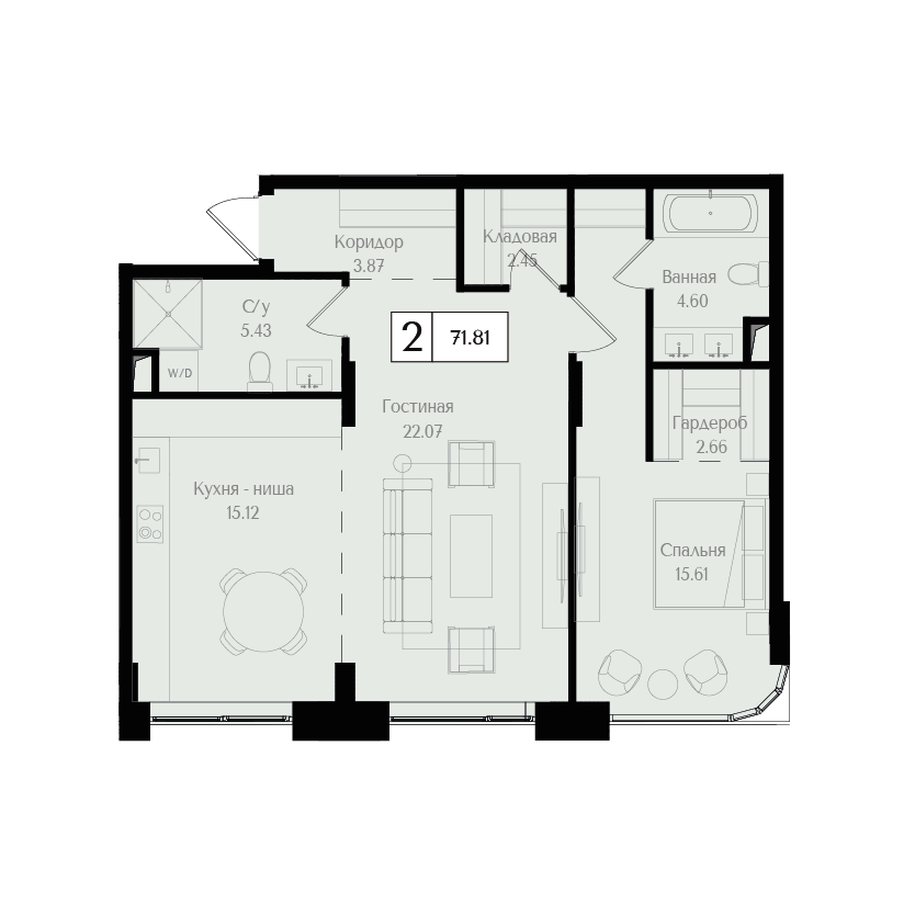 2 комн. квартира, 71.8 м², 2 этаж 