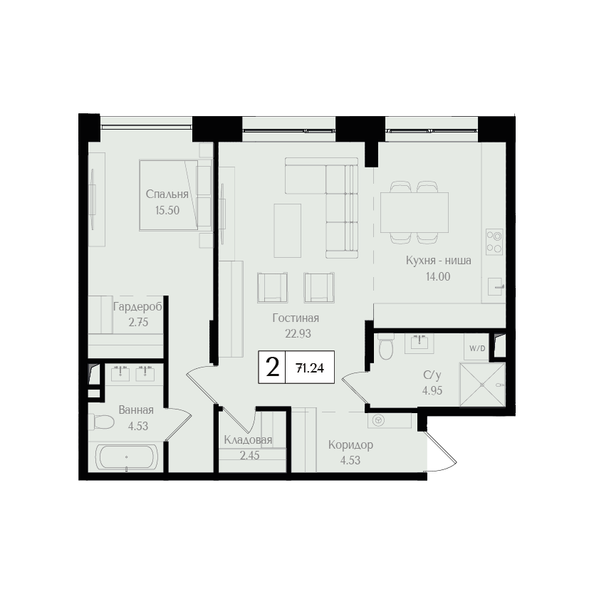 2 комн. квартира, 71.2 м², 14 этаж 