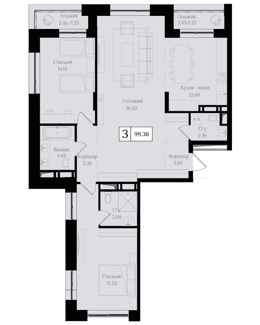 3 комн. квартира, 99.4 м², 7 этаж 