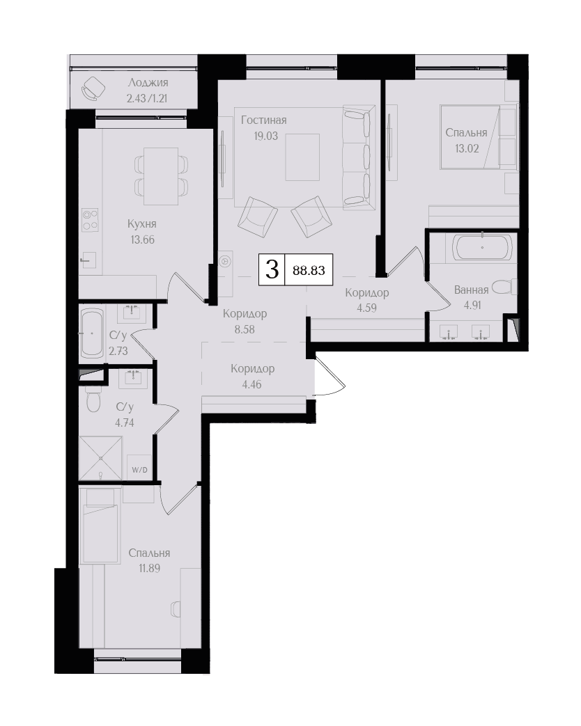3 комн. квартира, 88.8 м², 2 этаж 