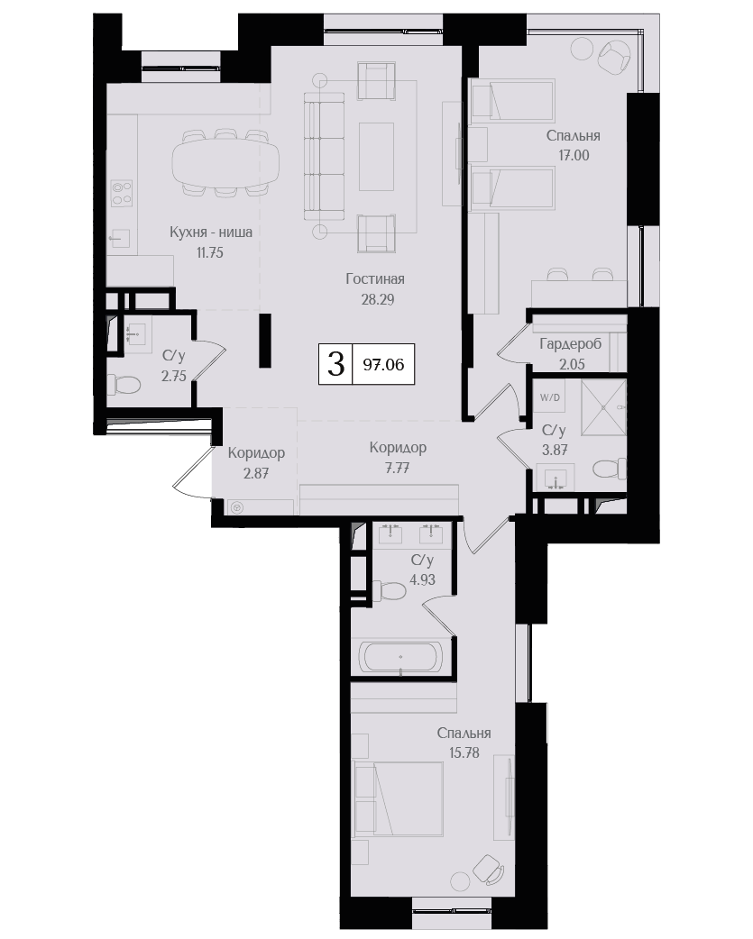 3 комн. квартира, 97.1 м², 17 этаж 