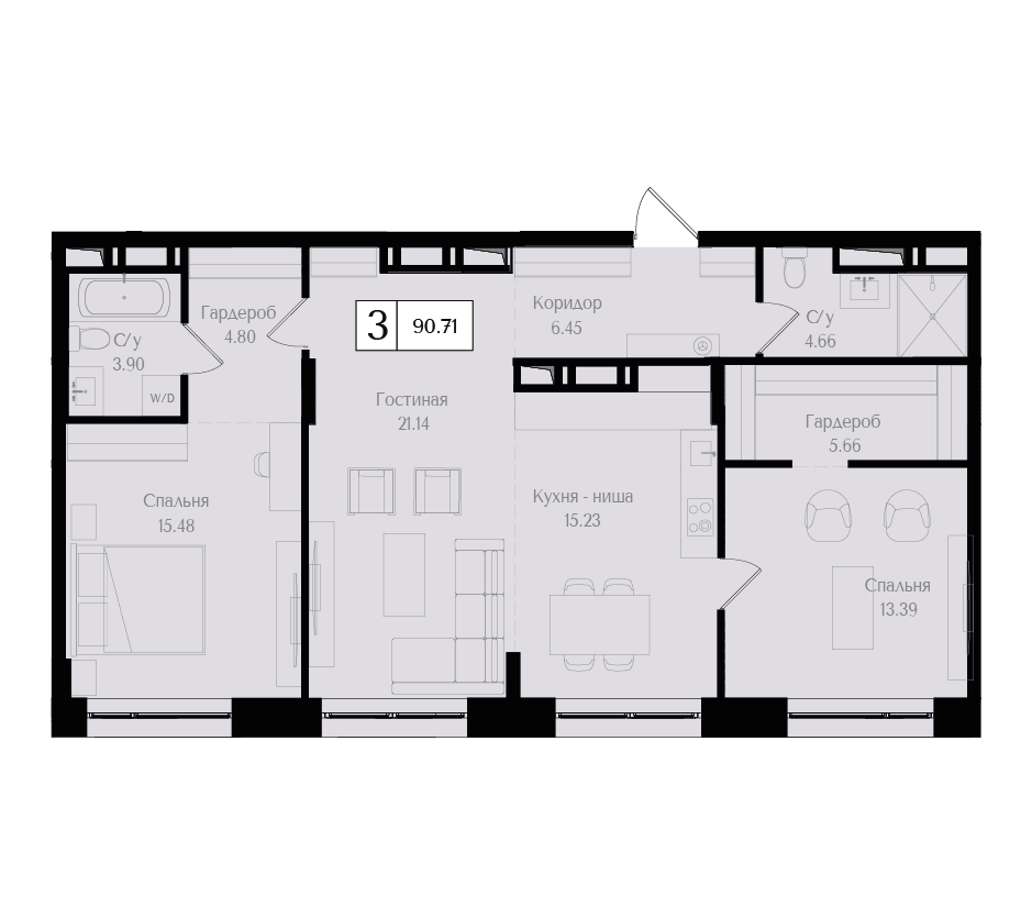 3 комн. квартира, 90.7 м², 17 этаж 