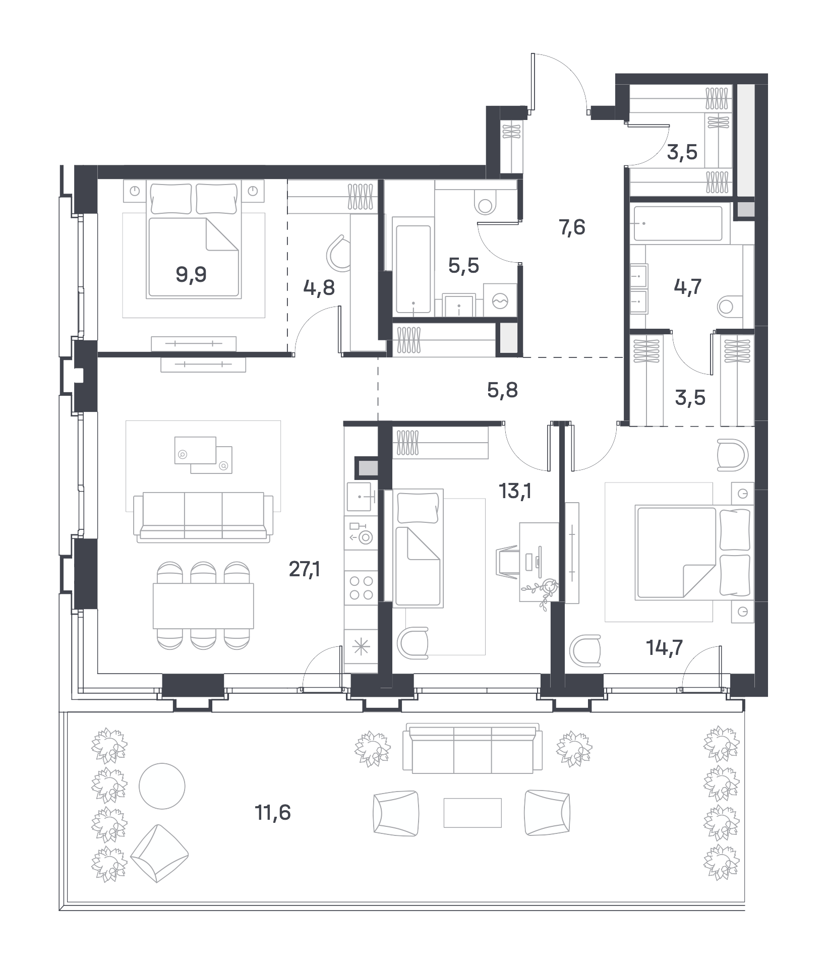 3 комн. квартира, 111.8 м², 4 этаж 