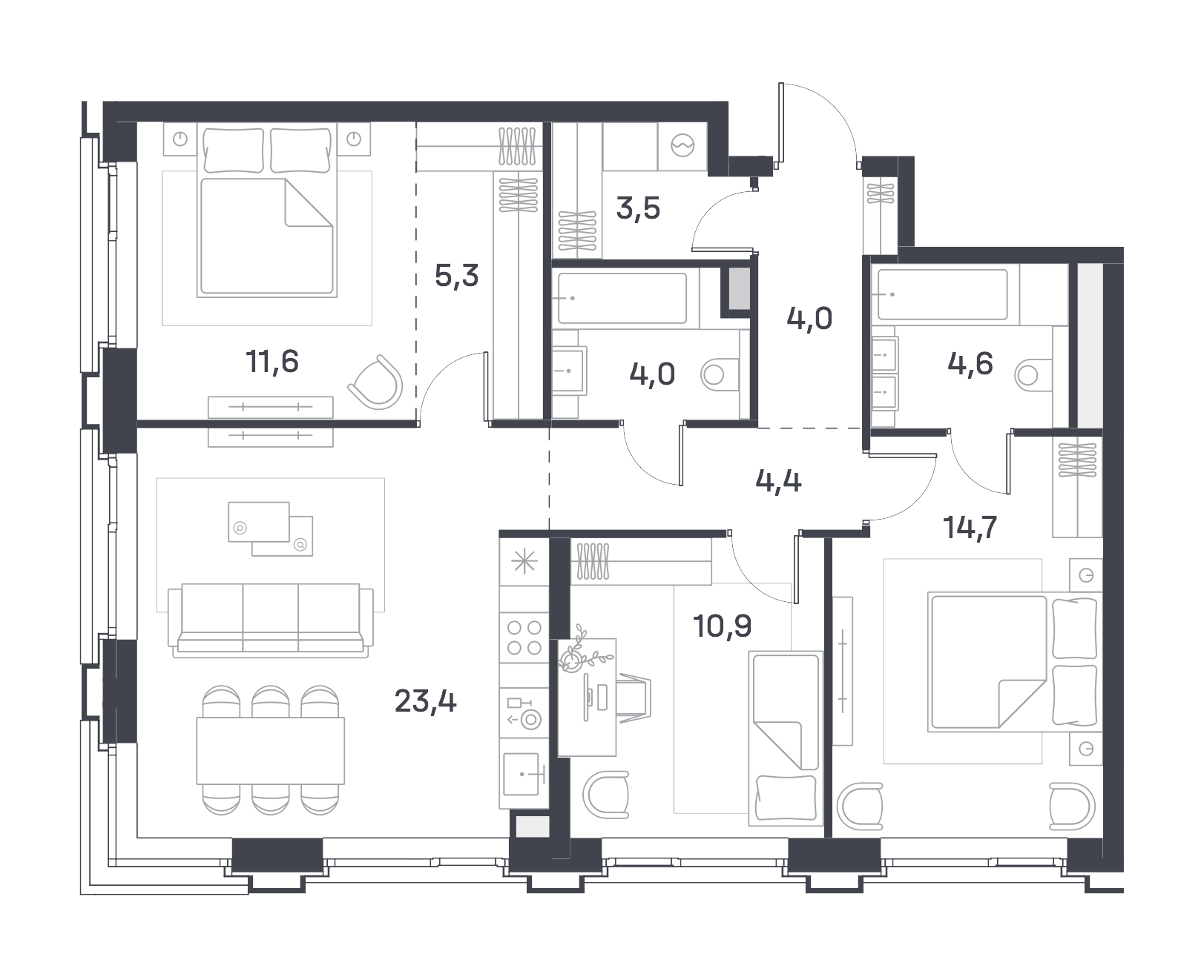 3 комн. квартира, 86.4 м², 20 этаж 