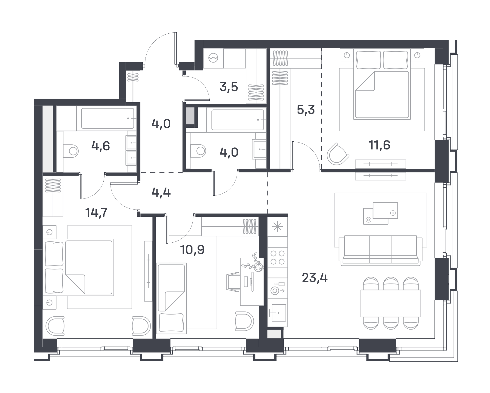 3 комн. квартира, 86.4 м², 17 этаж 
