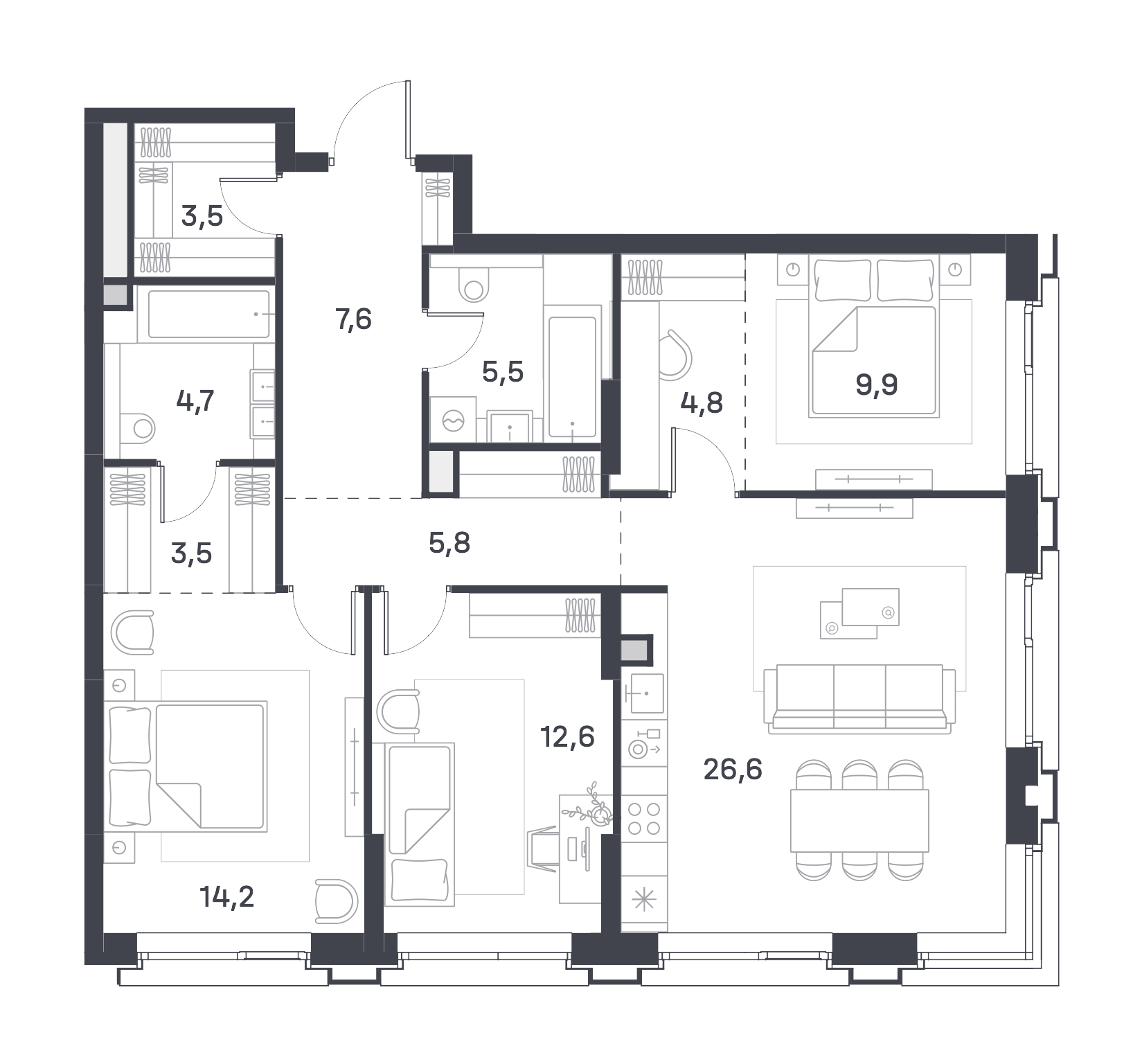 3 комн. квартира, 98.7 м², 5 этаж 
