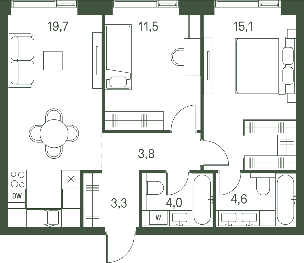 2 комн. квартира, 62 м², 10 этаж 