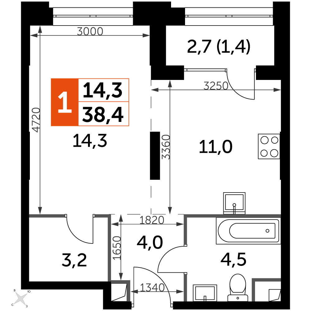 1 комн. квартира, 38.4 м², 12 этаж 
