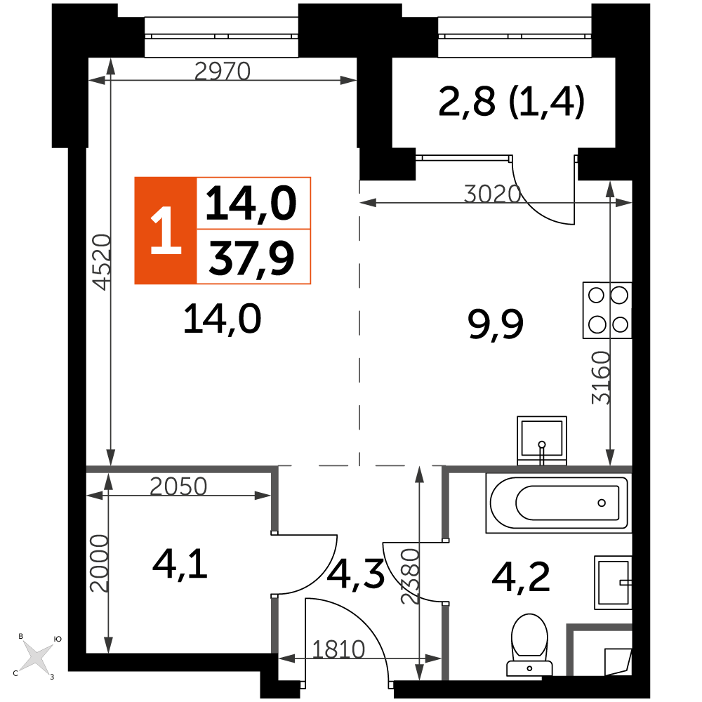 1 комн. квартира, 37.9 м², 10 этаж 