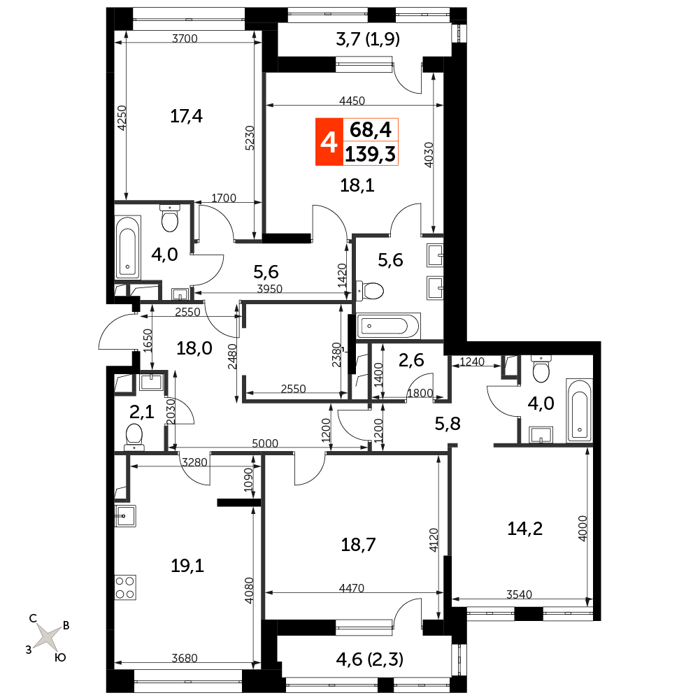 4 комн. квартира, 139.3 м², 9 этаж 