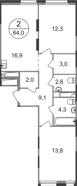 2 комн. квартира, 64 м², 17 этаж  (из 19)
