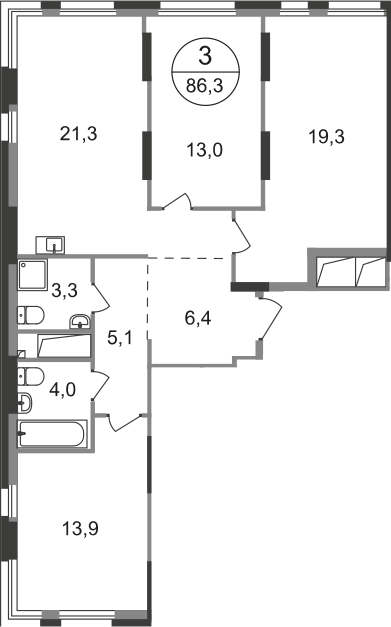 3 комн. квартира, 86.3 м², 18 этаж  (из 19)