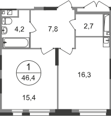 1 комн. квартира, 46.4 м², 7 этаж  (из 19)